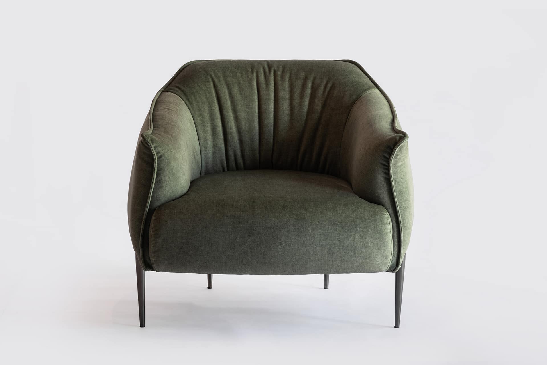 Fotoliu Flou verde, vedere frontală cu spătar curbat și brațe integrate