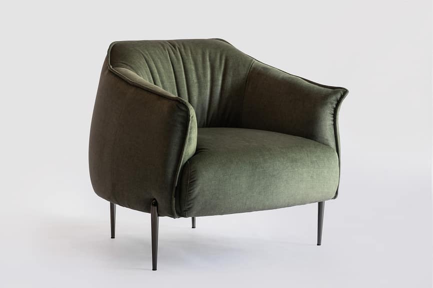 Fotoliu Flou verde, vedere laterală evidențiind profilul ergonomic